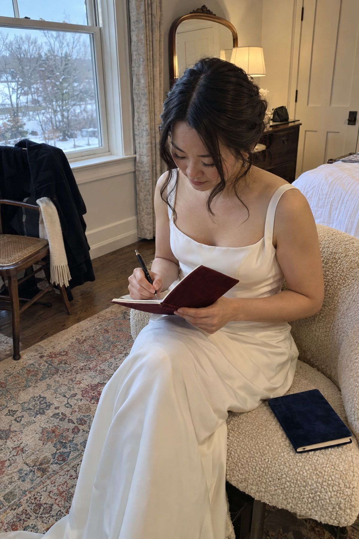A bride writes in an oxblood velvet vow book before an intimate Valentine's Day wedding.