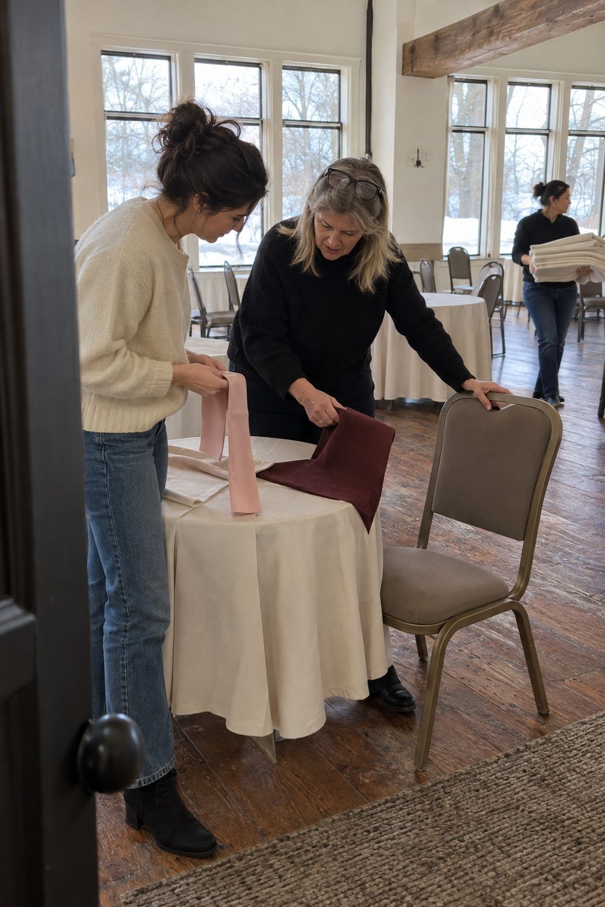 Helpers compare blush, oxblood, cream, and taupe fabrics in a real winter reception room.