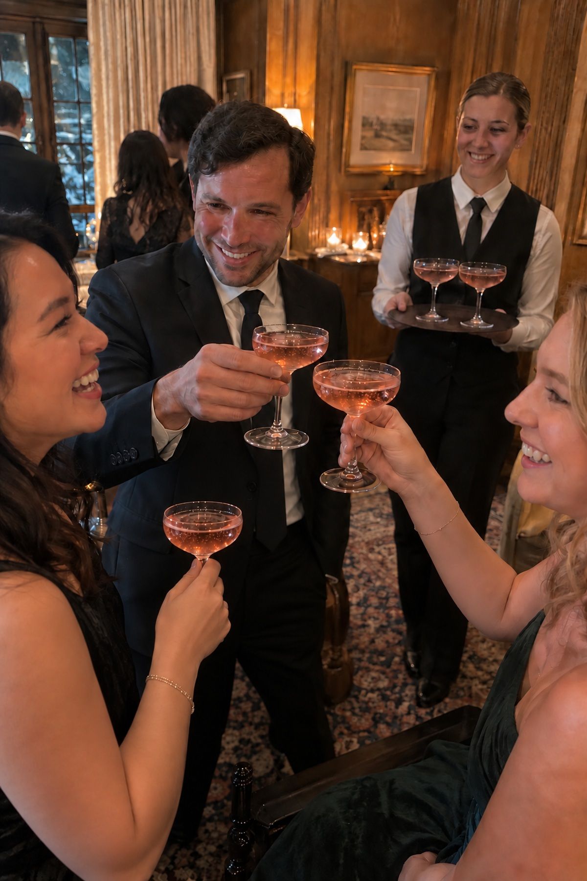 Friends raise pink coupe glasses during an intimate Valentine's wedding toast.