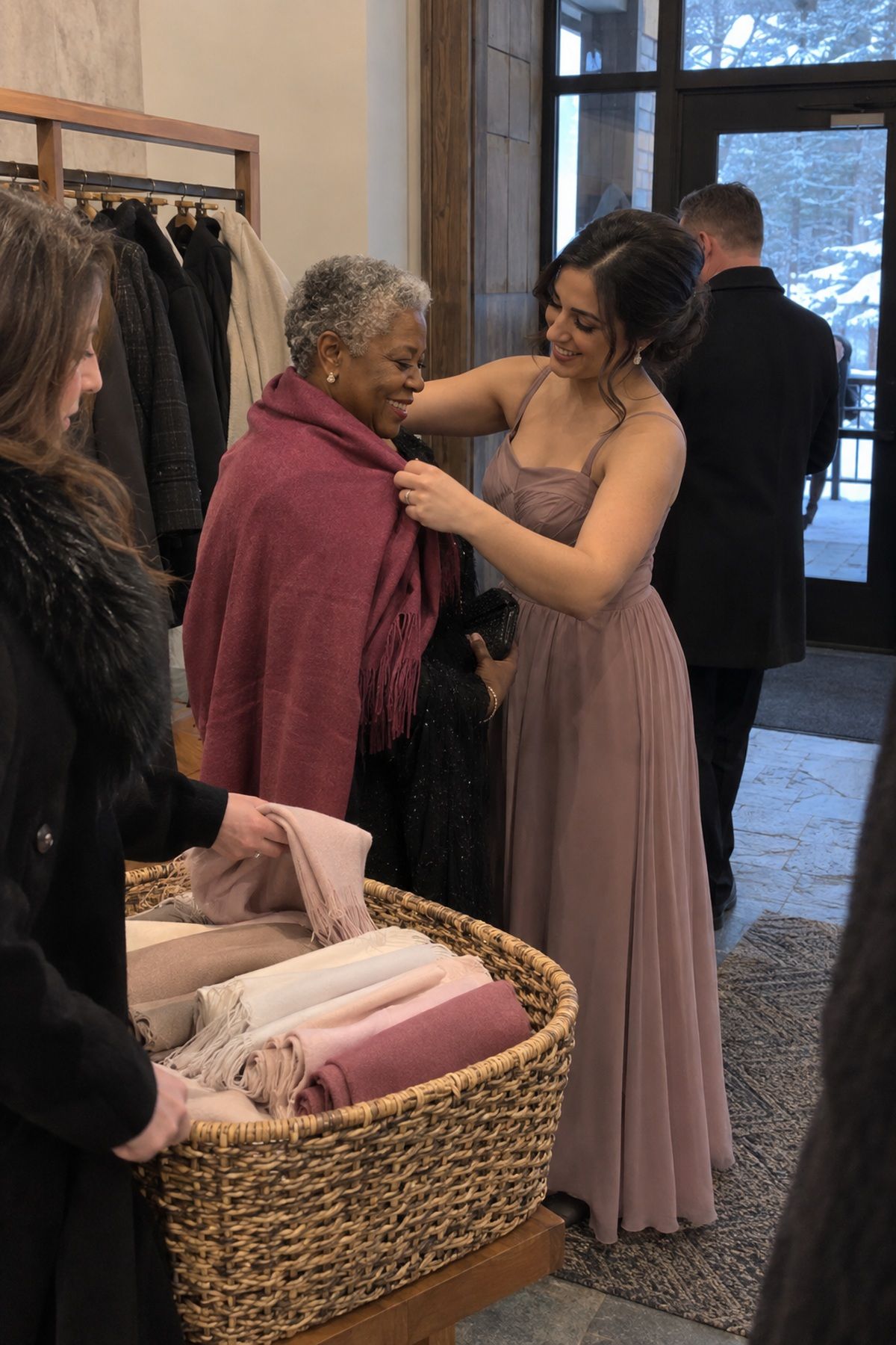 A bridesmaid helps an older guest wrap up warmly at a February wedding entrance.