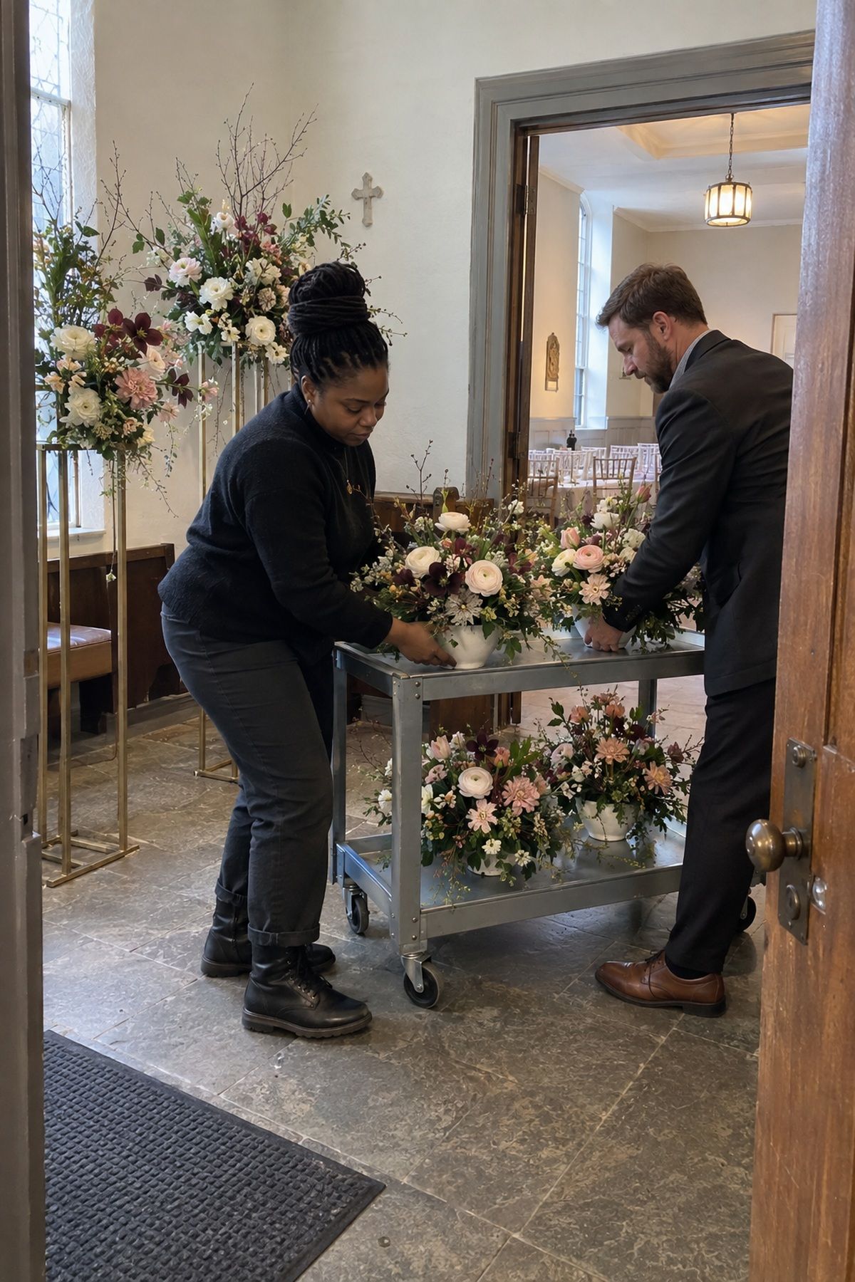 A florist and coordinator repurpose winter ceremony flowers for a small wedding reception.