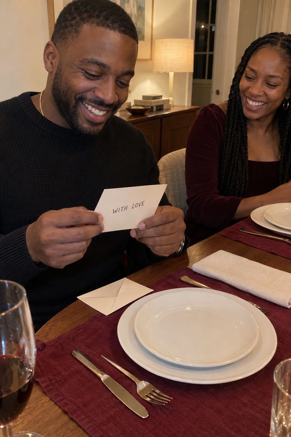 A guest reads a personal WITH LOVE card beside his Valentine's wedding place setting.