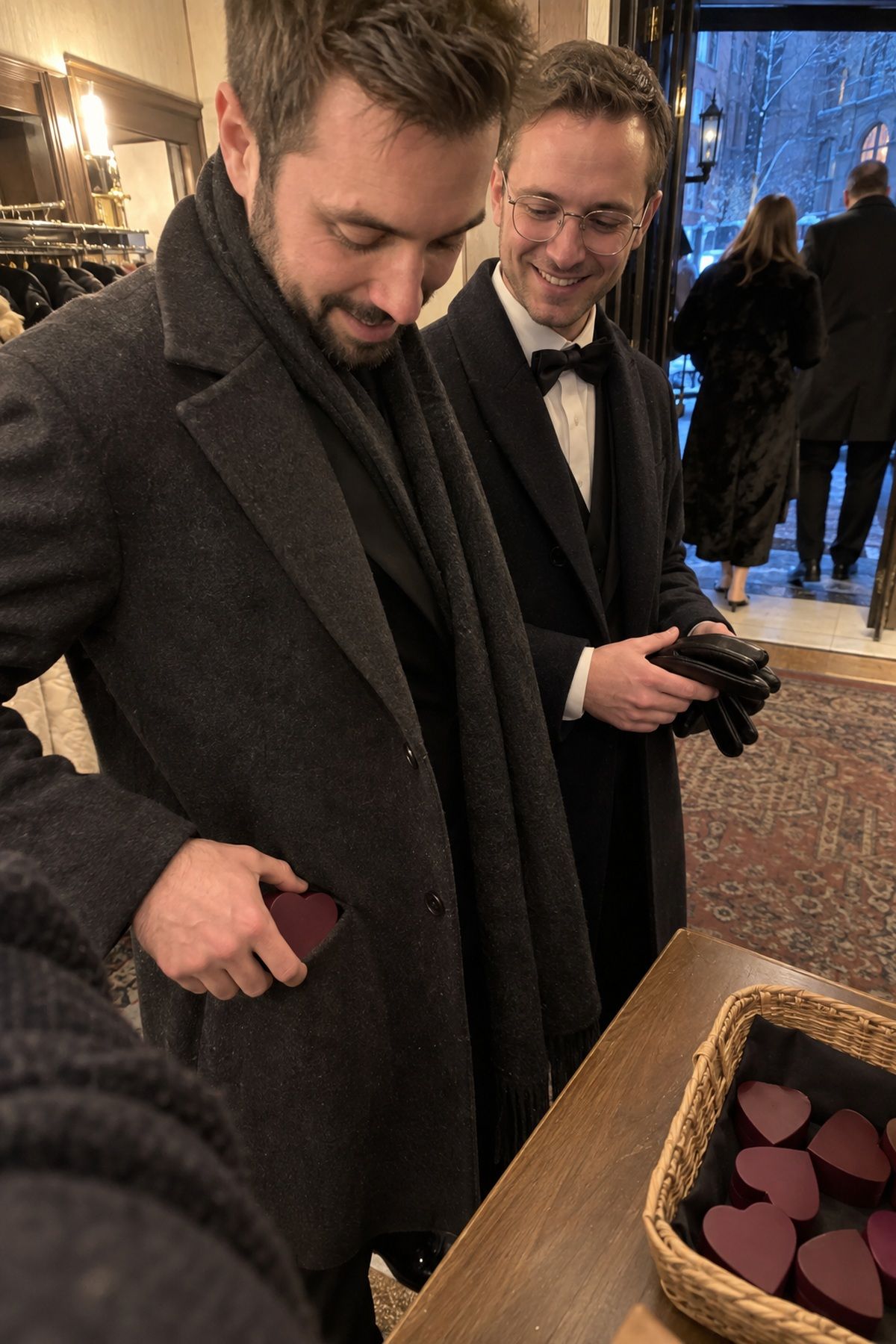 A wedding guest slips a small heart-shaped favor box into his coat pocket.