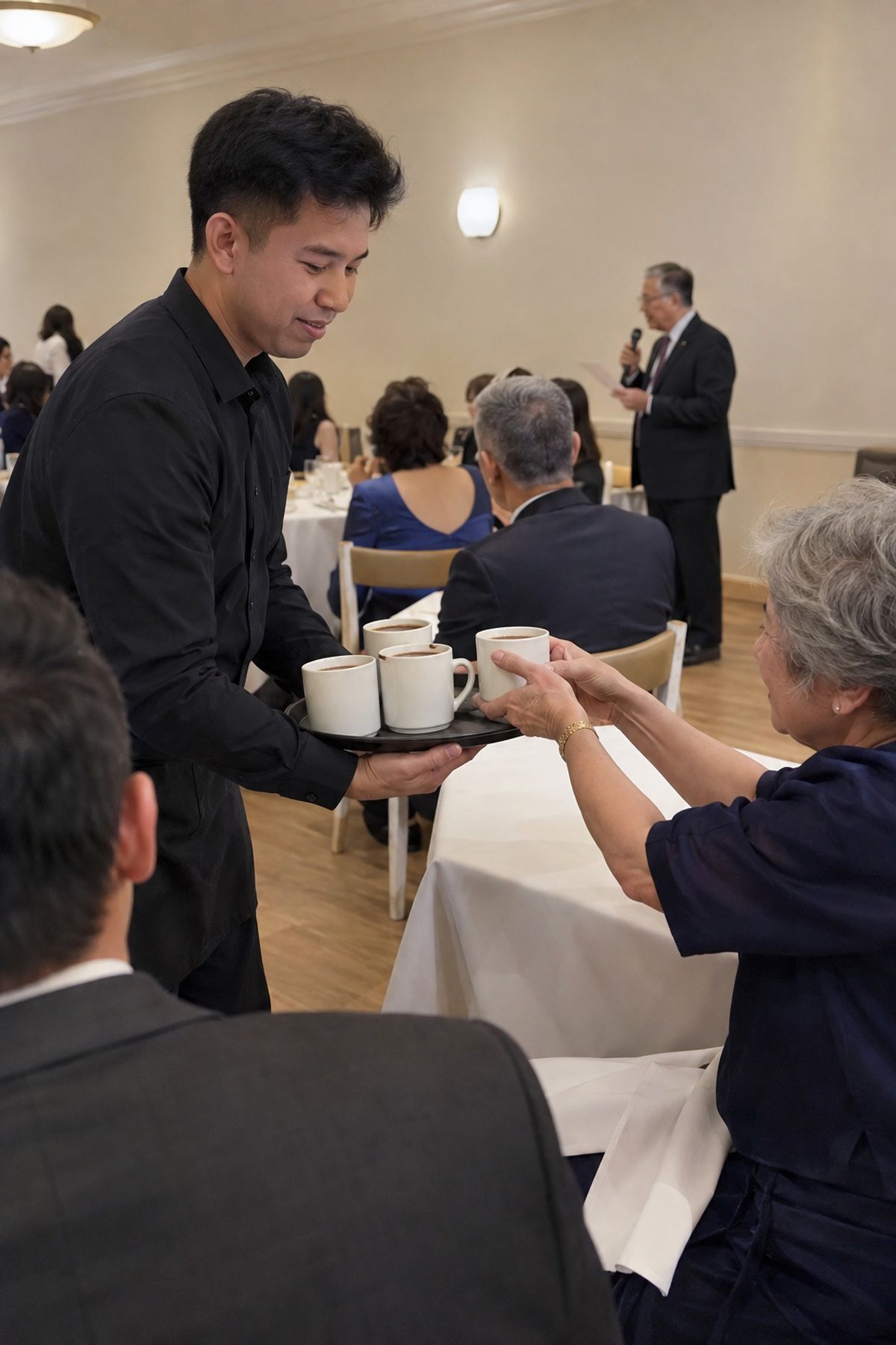 A server passes warm drinks to guests during speeches at a February wedding.