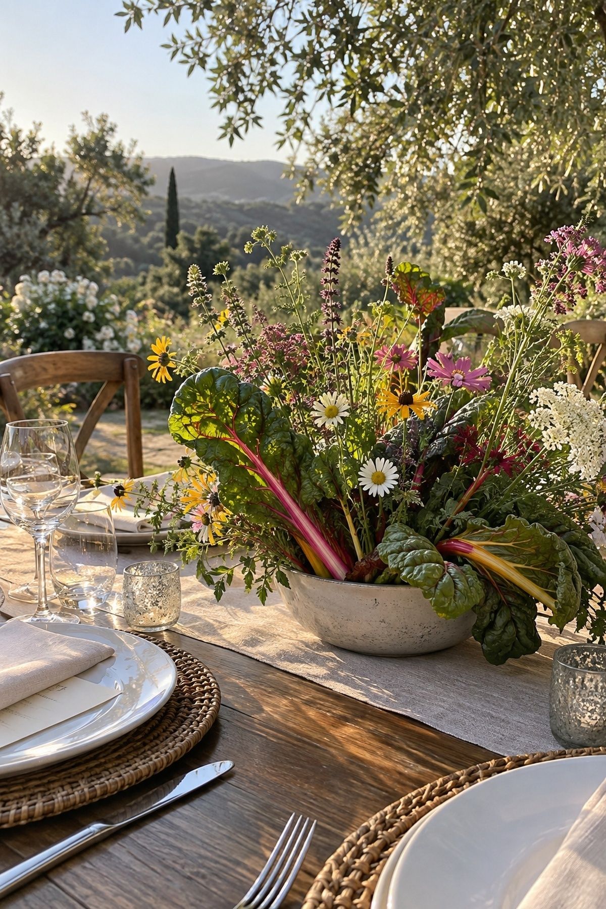Swiss chard with colorful stems mixed into a wildflower wedding centerpiece