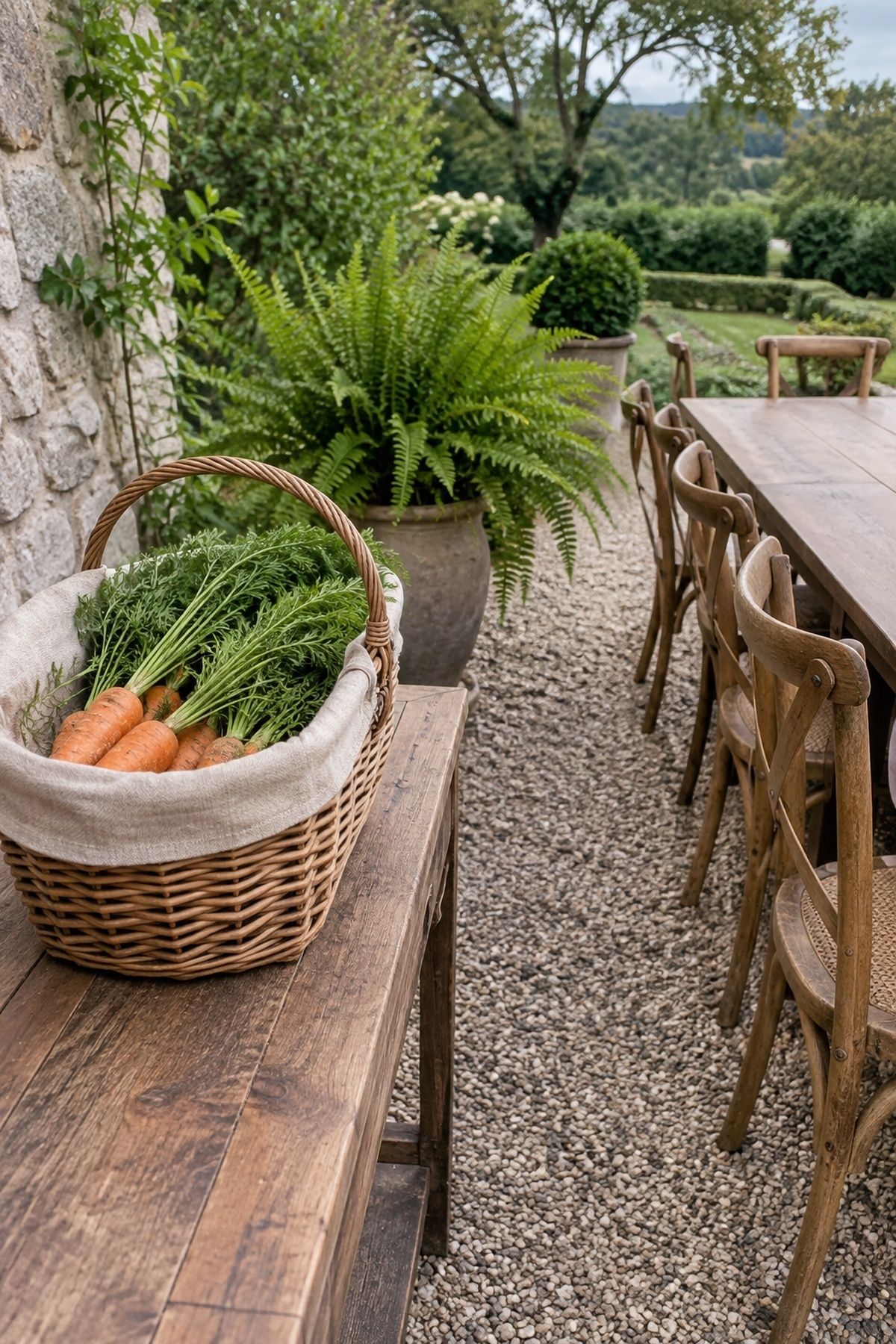 Clean carrots in a lined basket beside a fern-lined garden wedding table