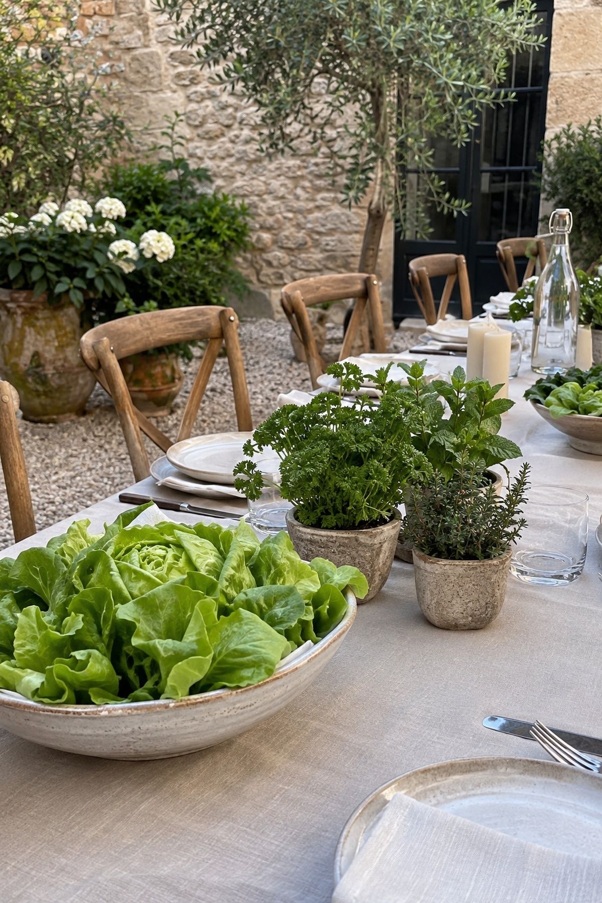 Fresh lettuce and herbs in low lined ceramic bowls at a courtyard wedding