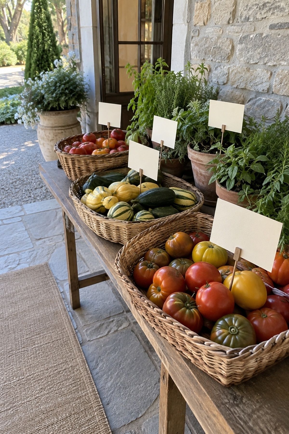 Market baskets of vegetables with raised blank escort cards at a wedding entrance
