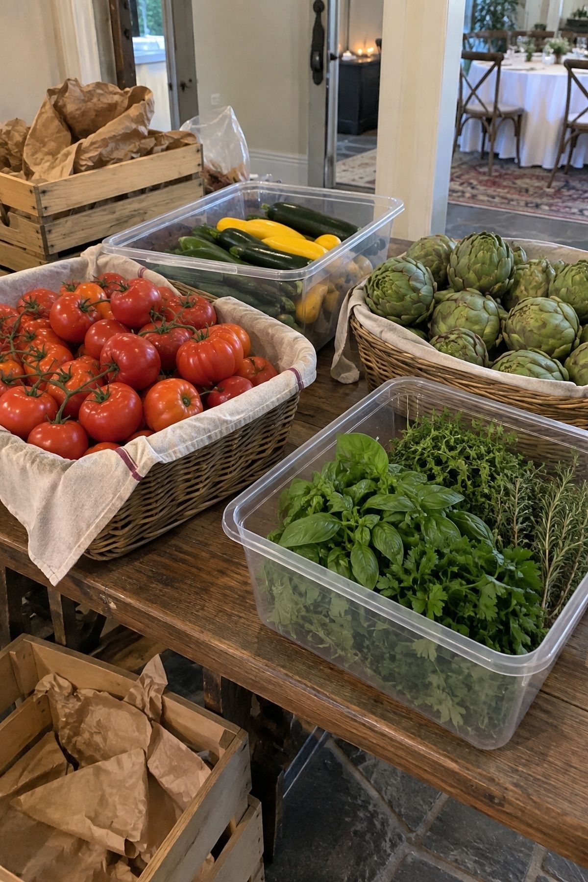 Clean wedding centerpiece produce sorted into lined baskets and food-safe bins