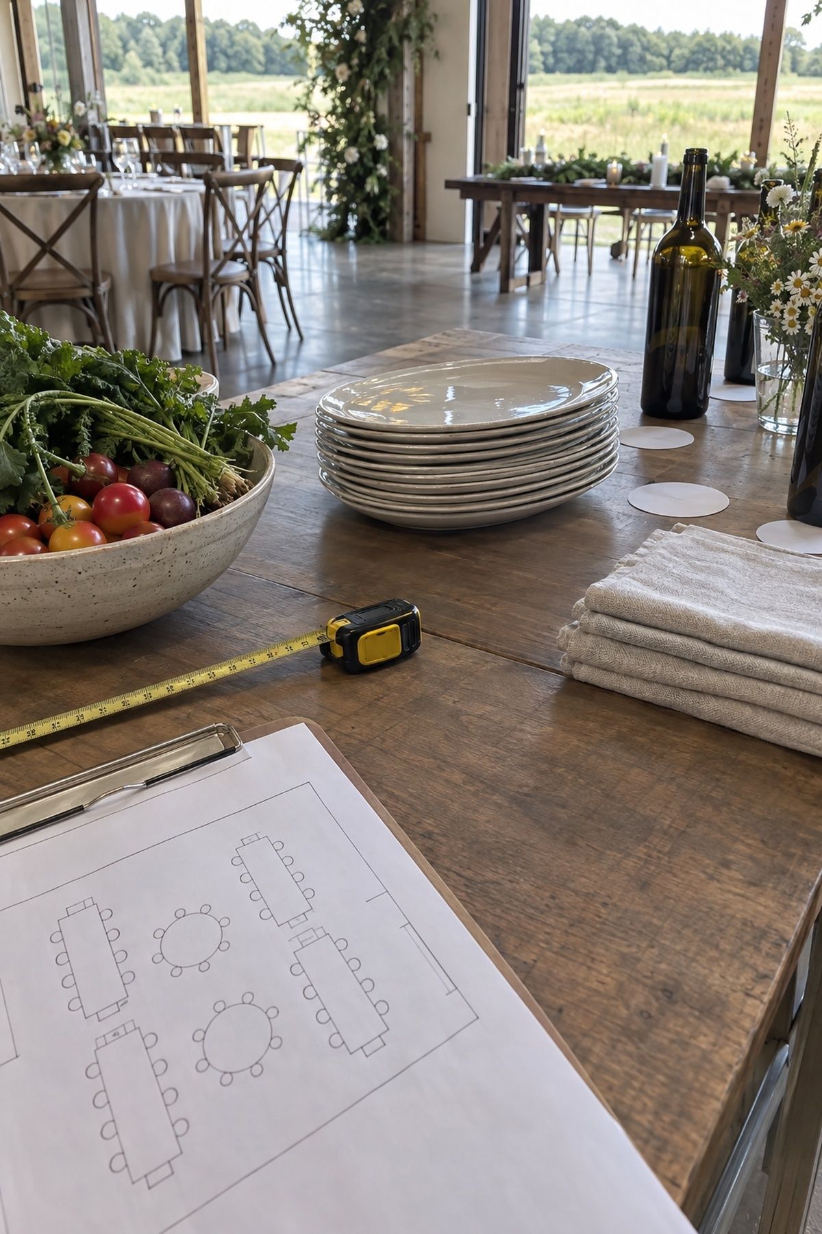Catering planning table with produce sample platters linen and a service layout sketch