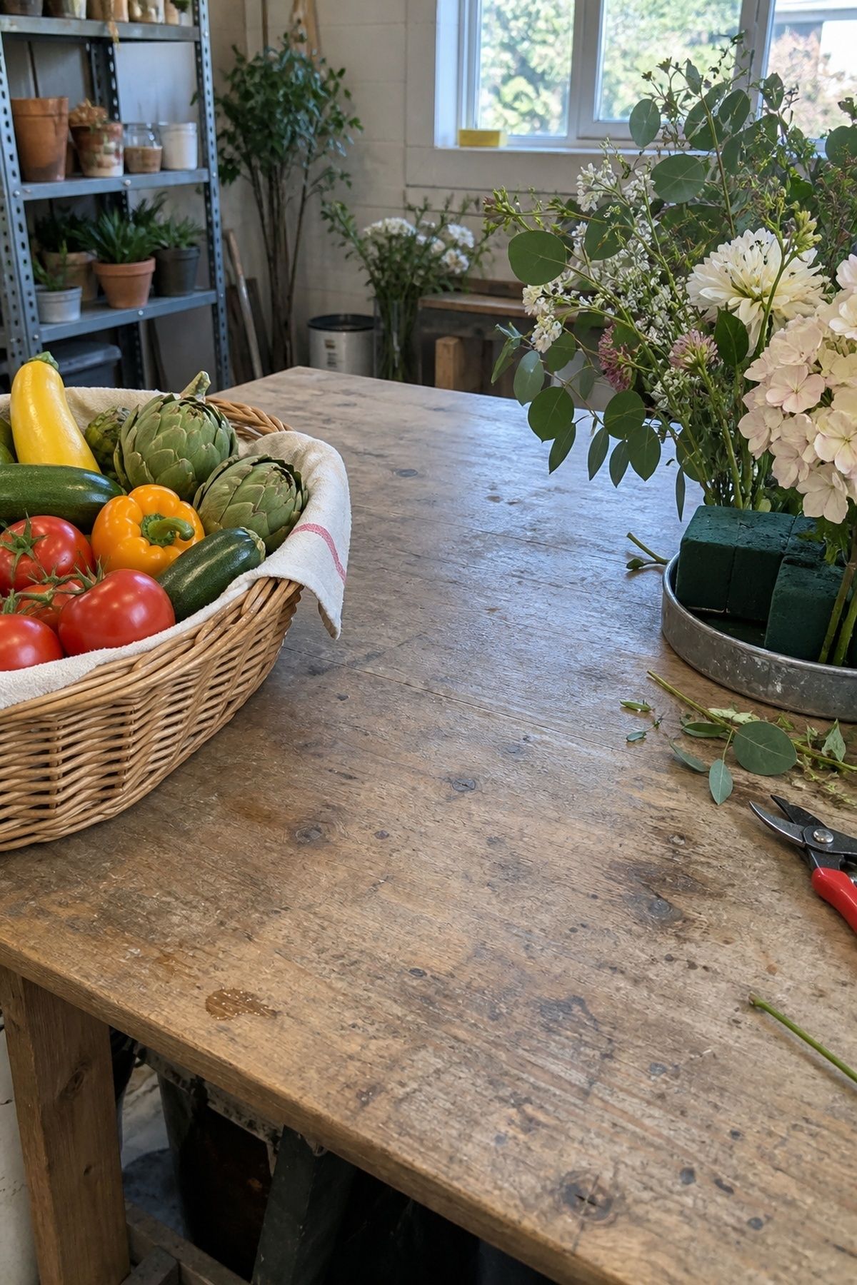 Food-safe vegetables visibly separated from floral foam and decorative flowers