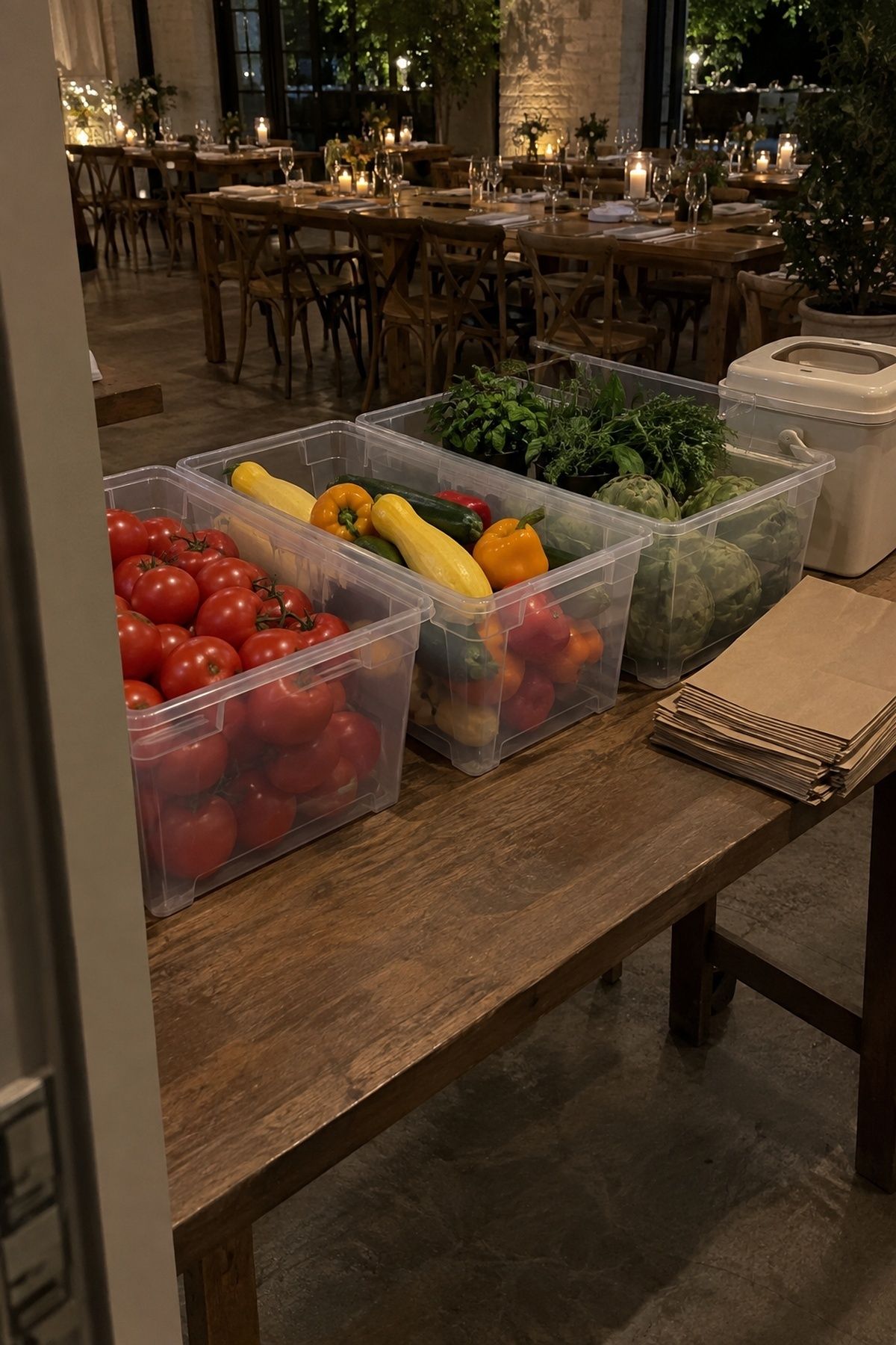 Wedding centerpiece produce packed into clean bins after dinner