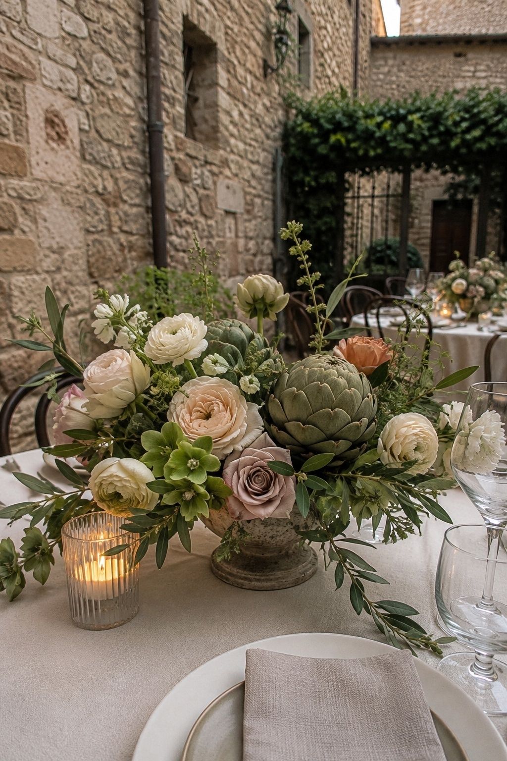 Artichokes arranged with flowers