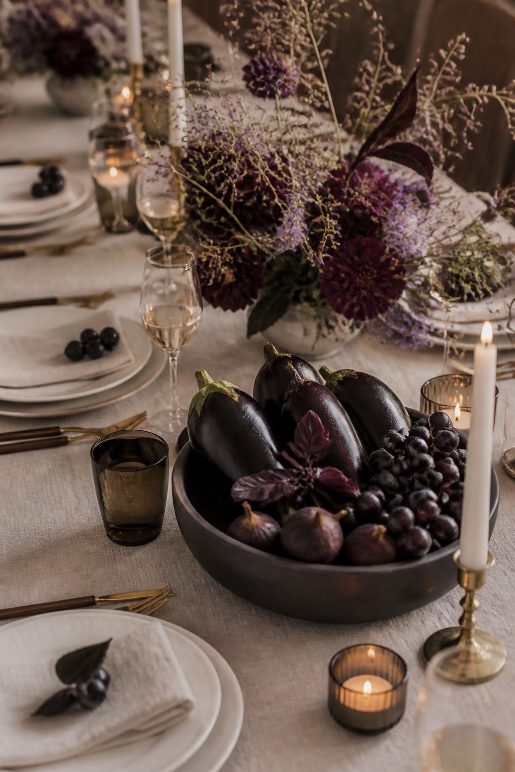 Eggplant and plum-toned tablescape