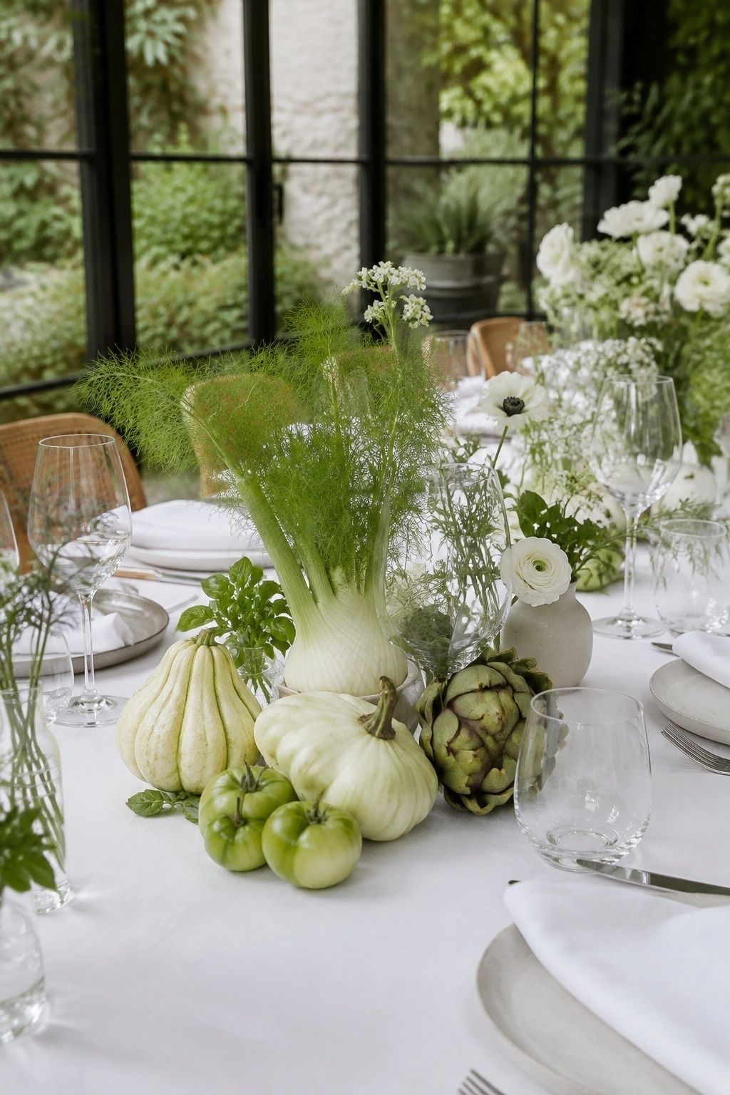 Elegant white and green produce table