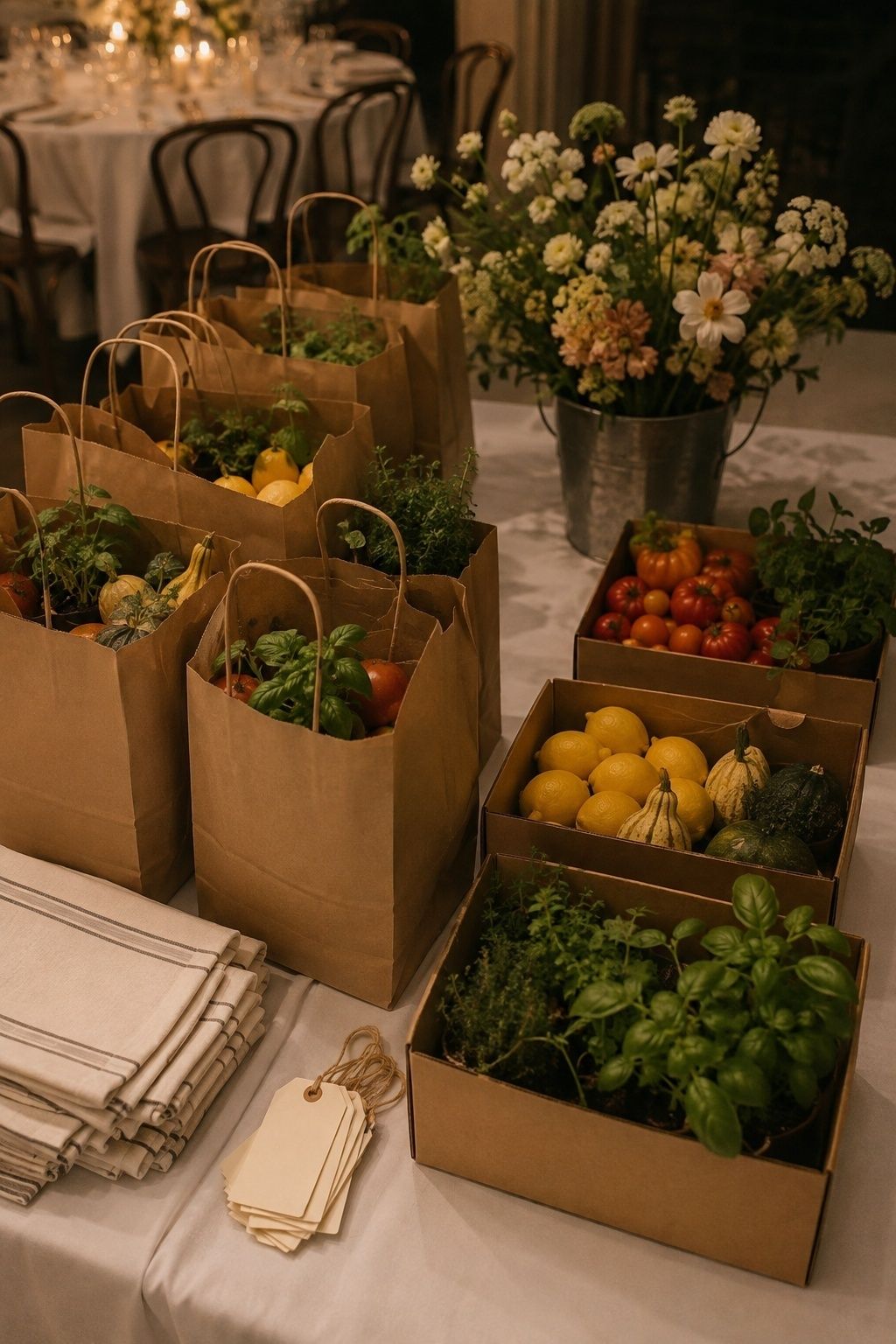Leftover centerpiece produce packed to donate or take home
