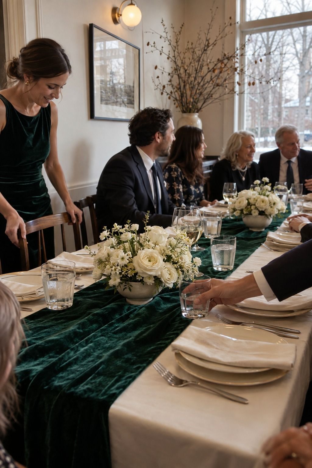An in-use daylight dinner table shows an emerald velvet runner and two compact ivory floral compotes while guests settle in.
