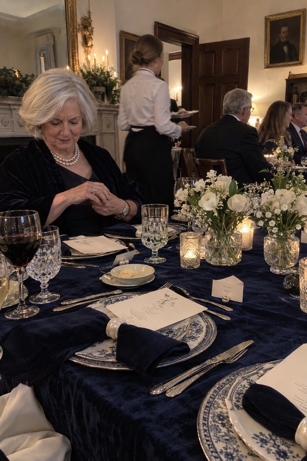 A guest adjusts a pearl napkin detail over navy velvet in a modest evening dining room.