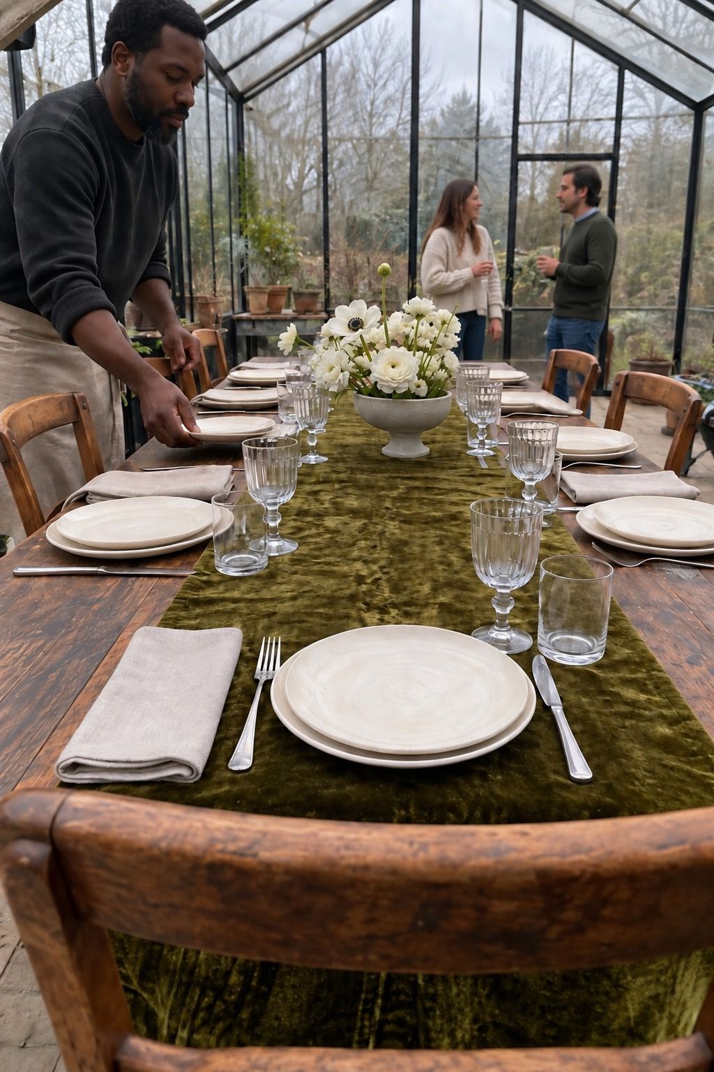 A server works beside a moss velvet runner, cream plates and plain napkins at an active greenhouse reception.