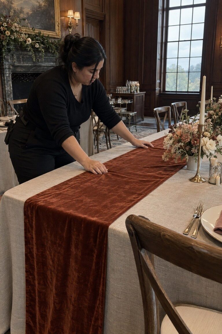 A coordinator straightens a rust velvet runner over broad oatmeal linen during setup.