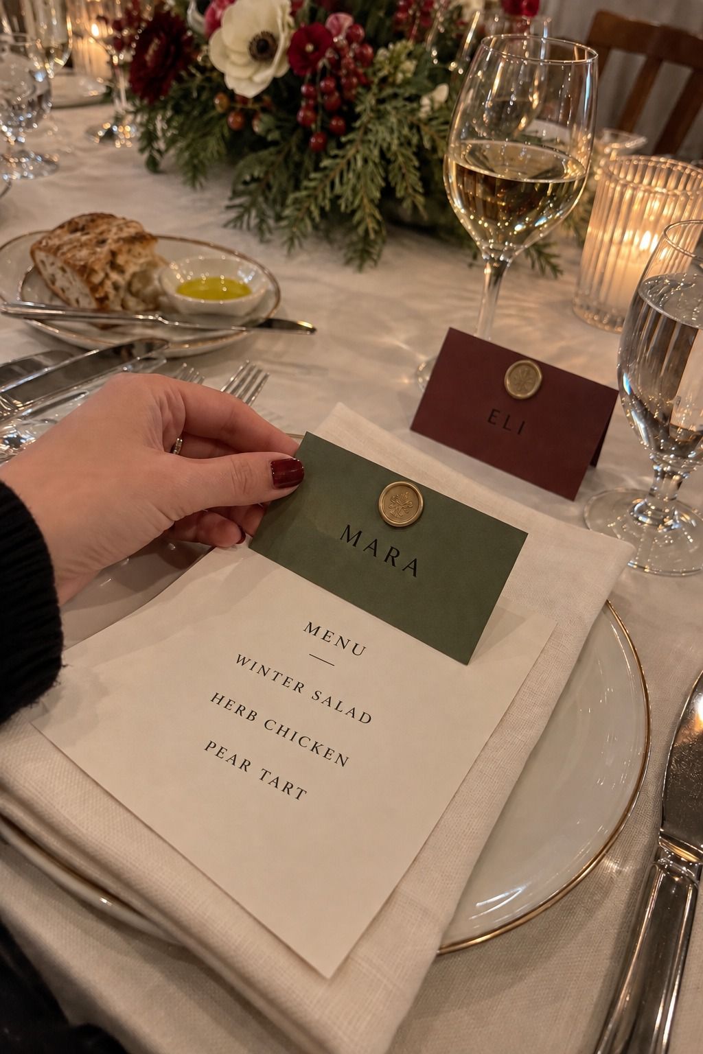 A natural hand lifts a readable MARA jewel-tone place card beside a matching ELI card on cream menus.