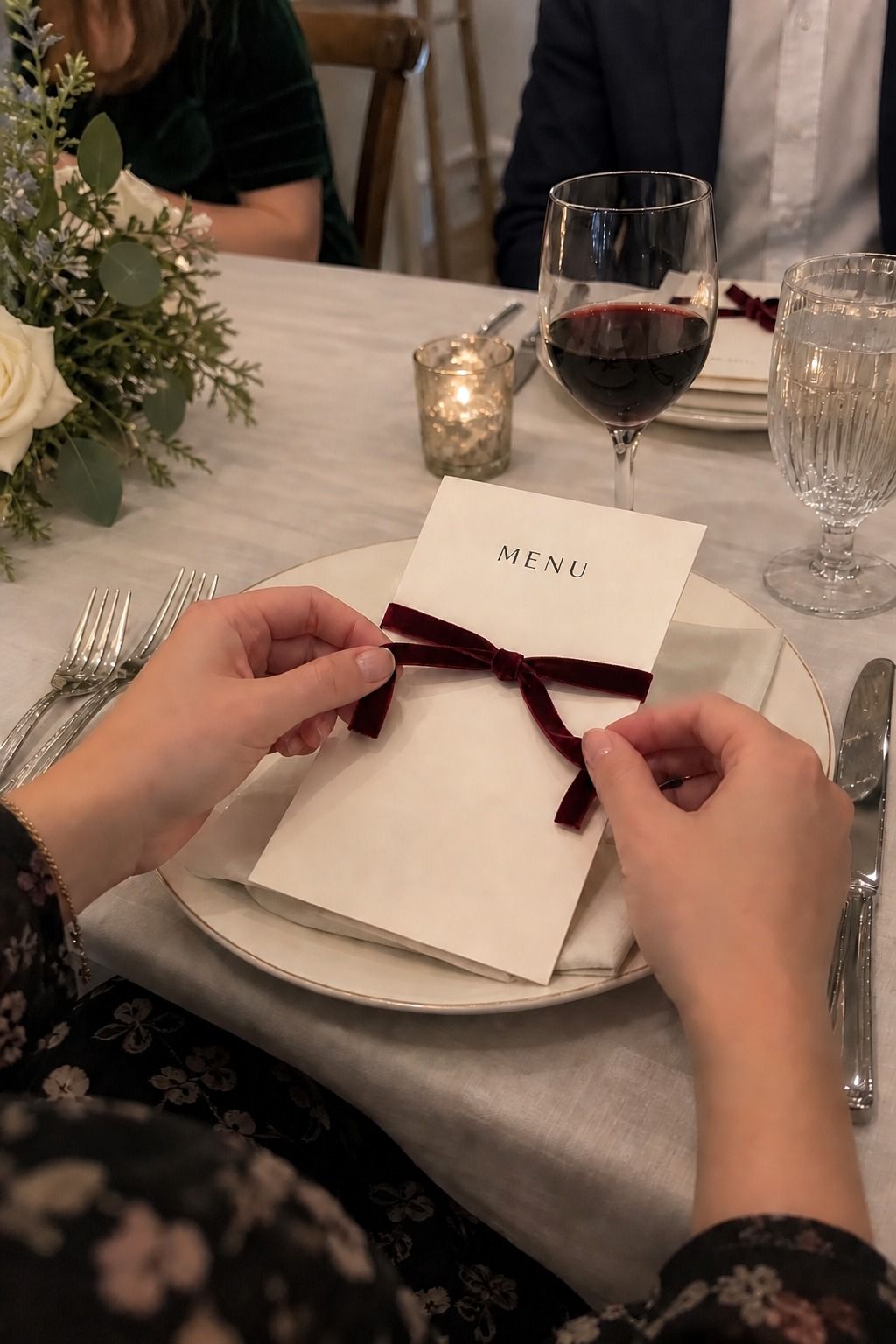 Hands loosen a slim burgundy velvet ribbon around a cream card headed MENU.