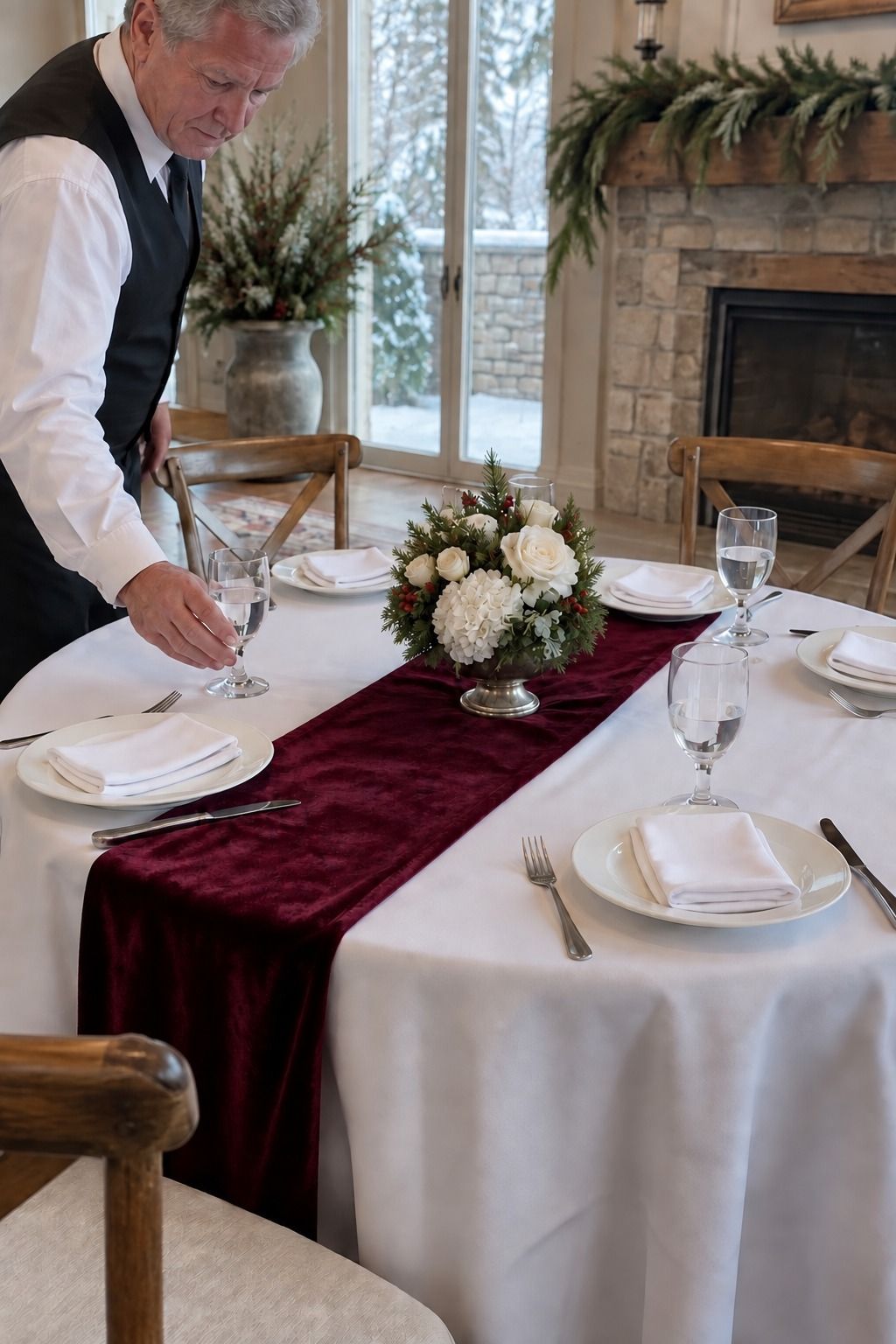 A server sets down water beside one restrained centered winter floral and berry arrangement.