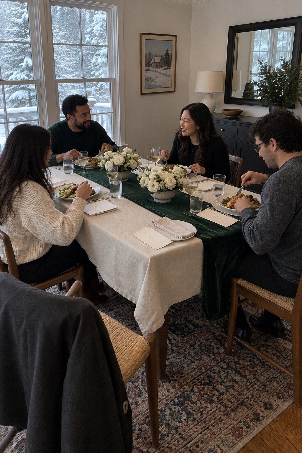 Four friends dine around cream linen and an emerald runner balanced by two low ivory floral compotes.