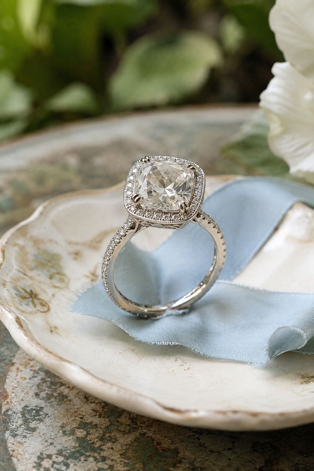 Vintage cushion halo ring with fine milgrain