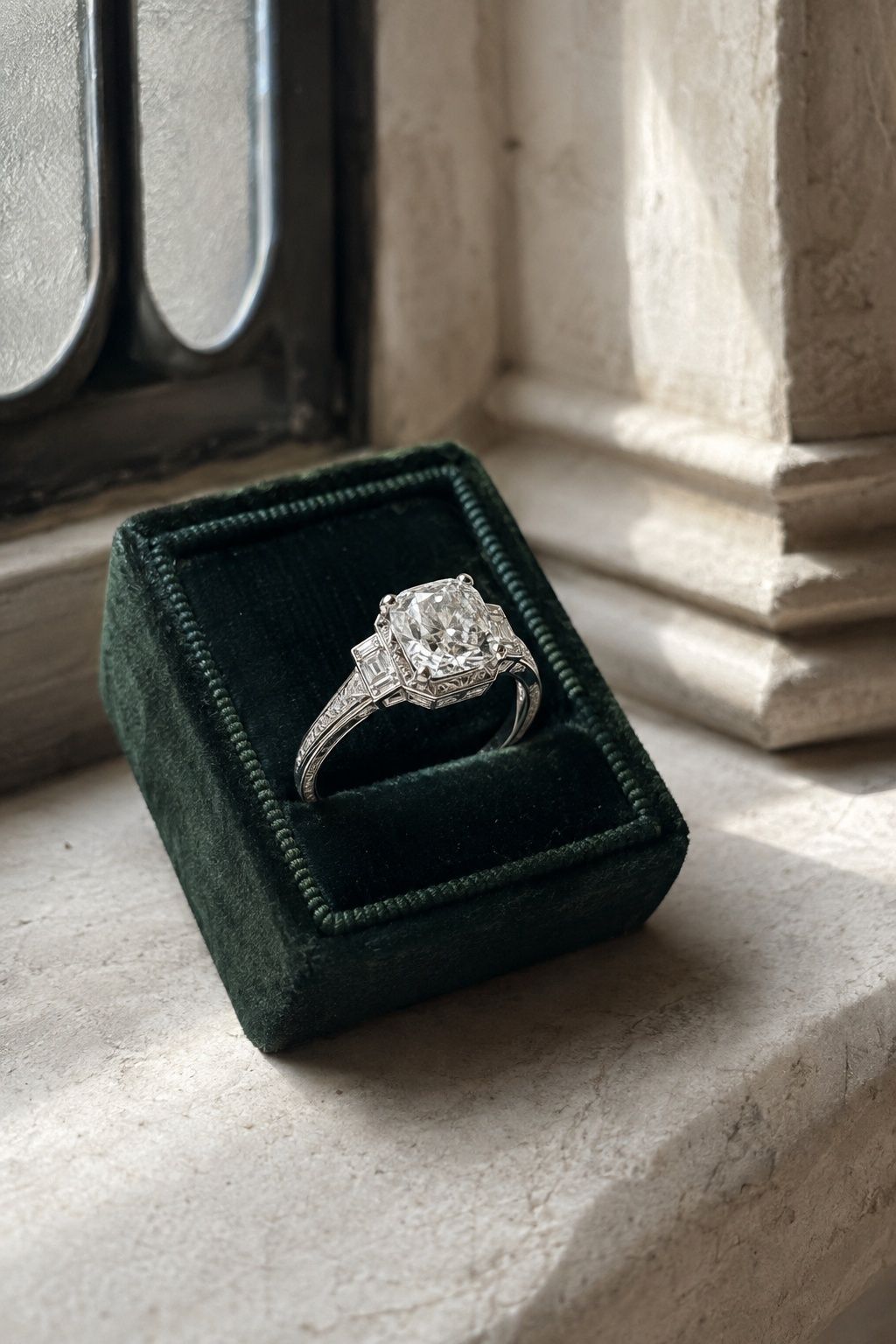 Cushion-cut diamond in an art deco setting