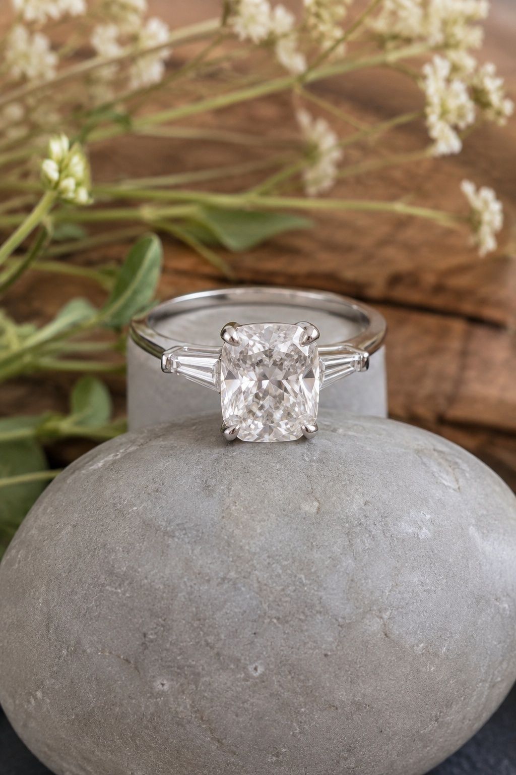 Cushion ring with baguette side stones