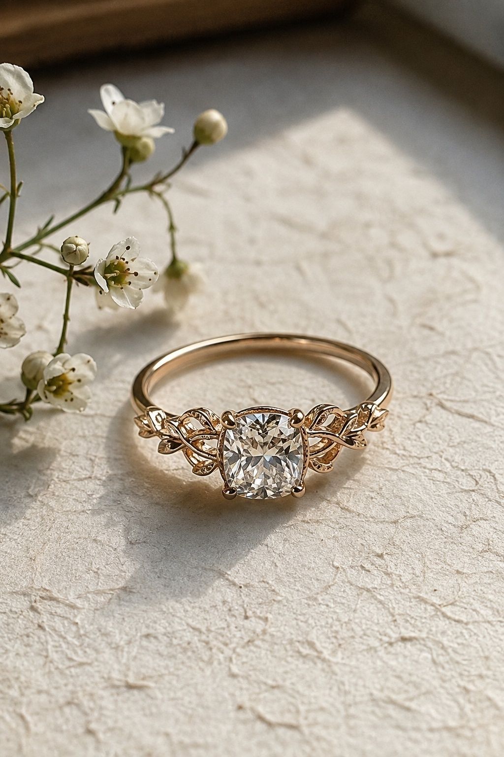 Cushion ring with floral filigree