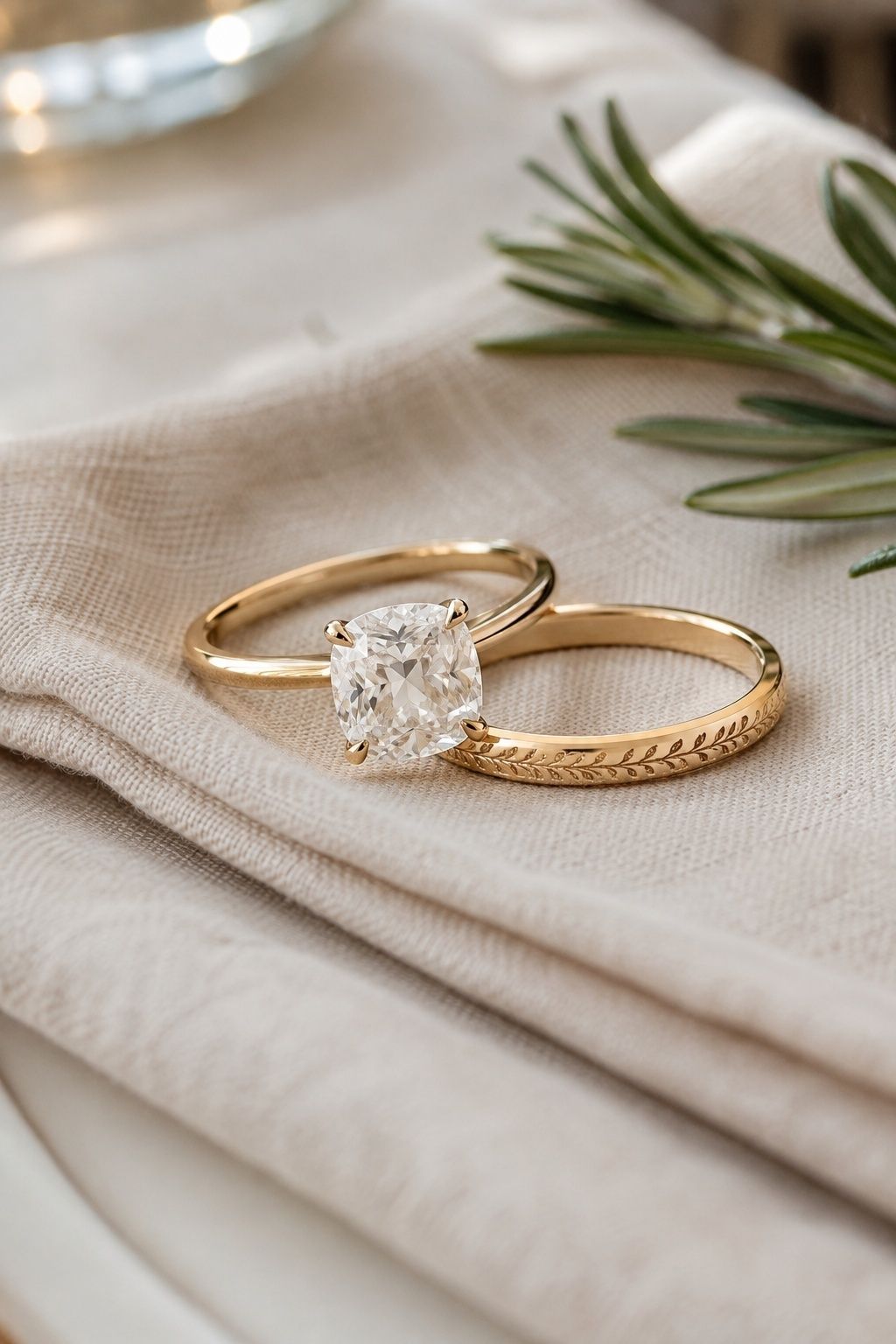 Cushion solitaire paired with an engraved wedding band