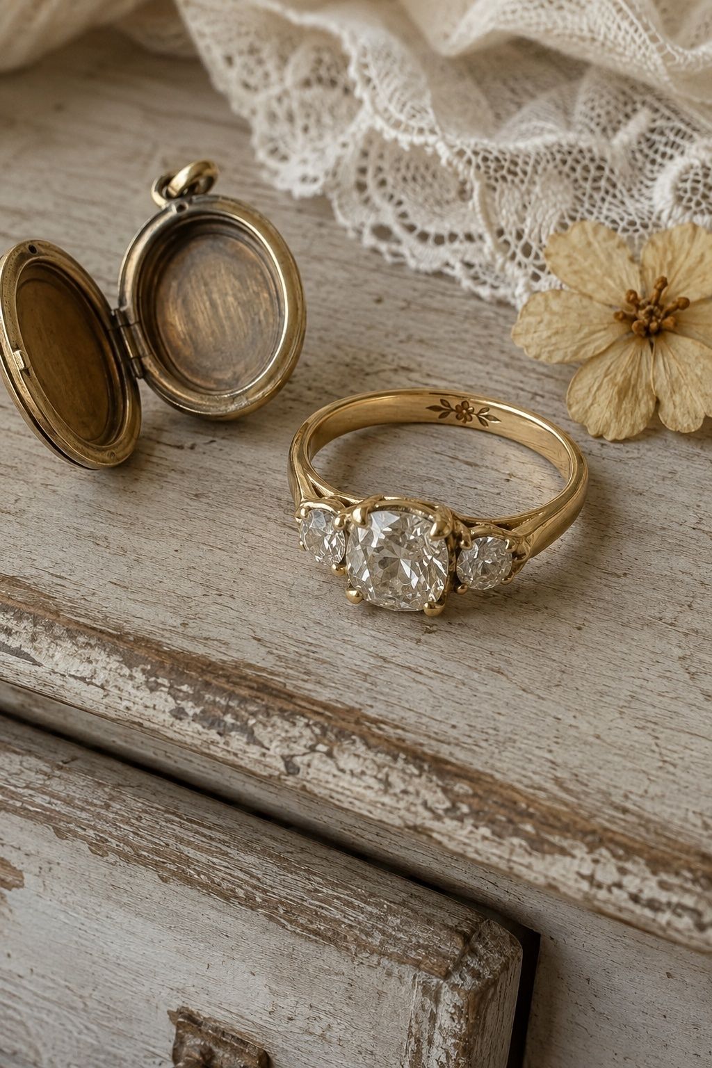 Custom vintage cushion ring with family stones