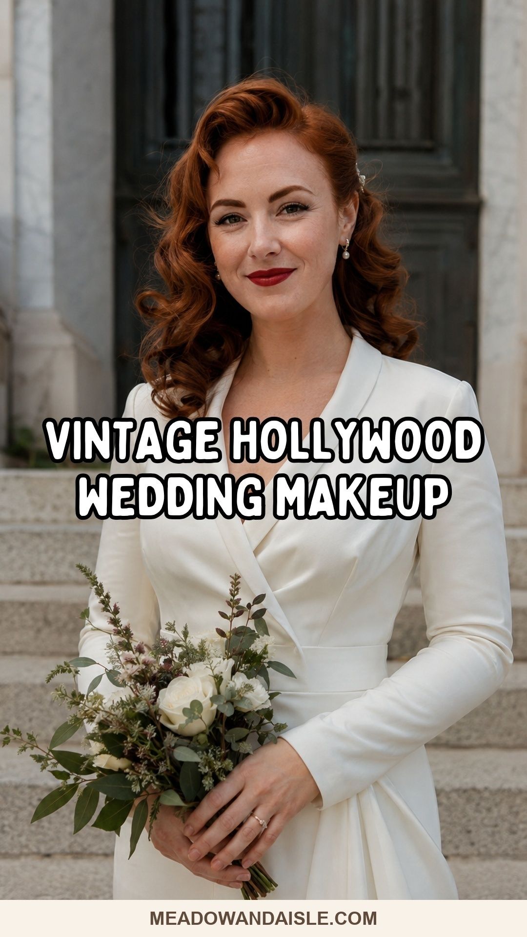 Vintage Hollywood wedding makeup pin with a red-lip bride on courthouse steps.