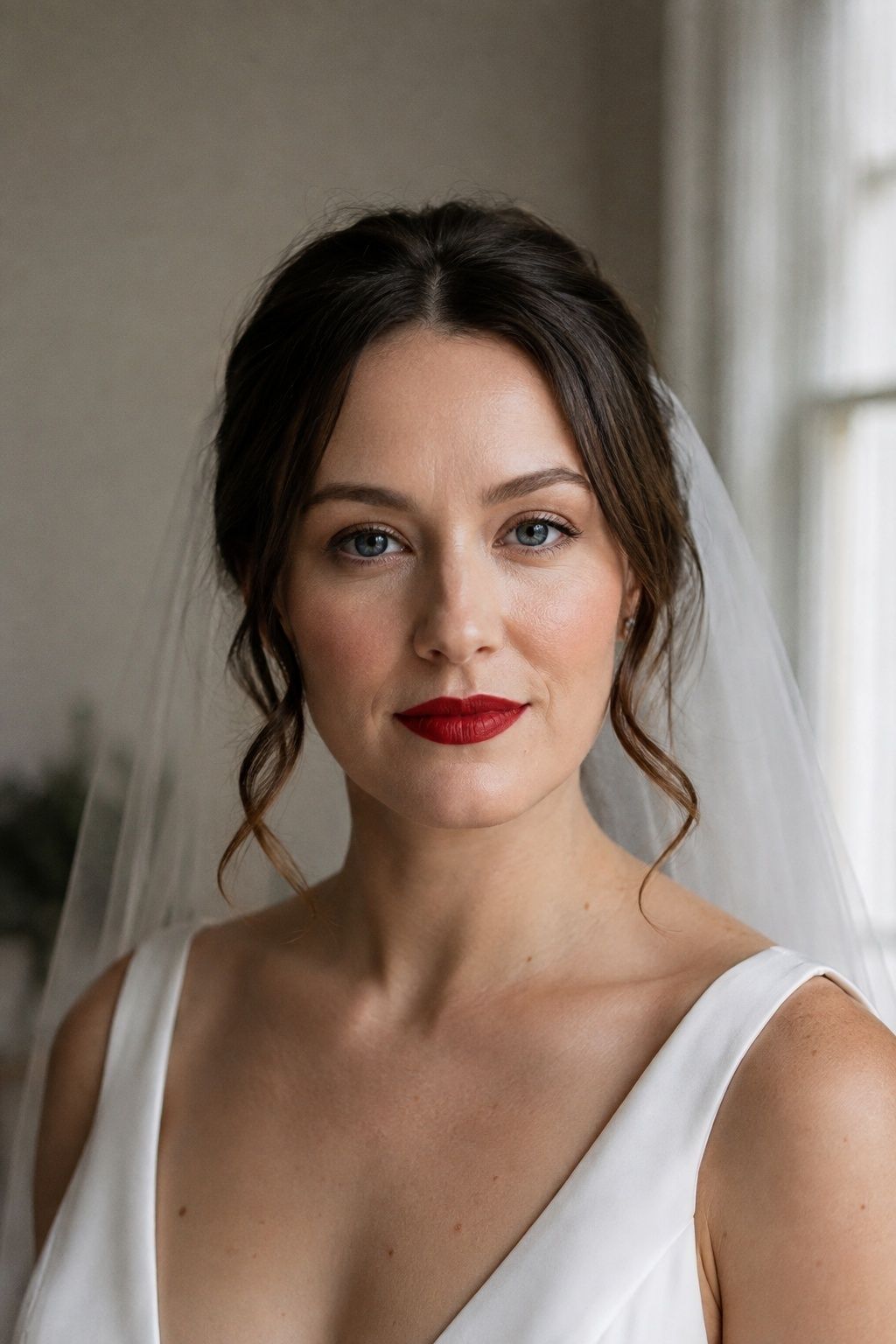 Bride wearing precise red lipstick with satin skin and an ivory veil.