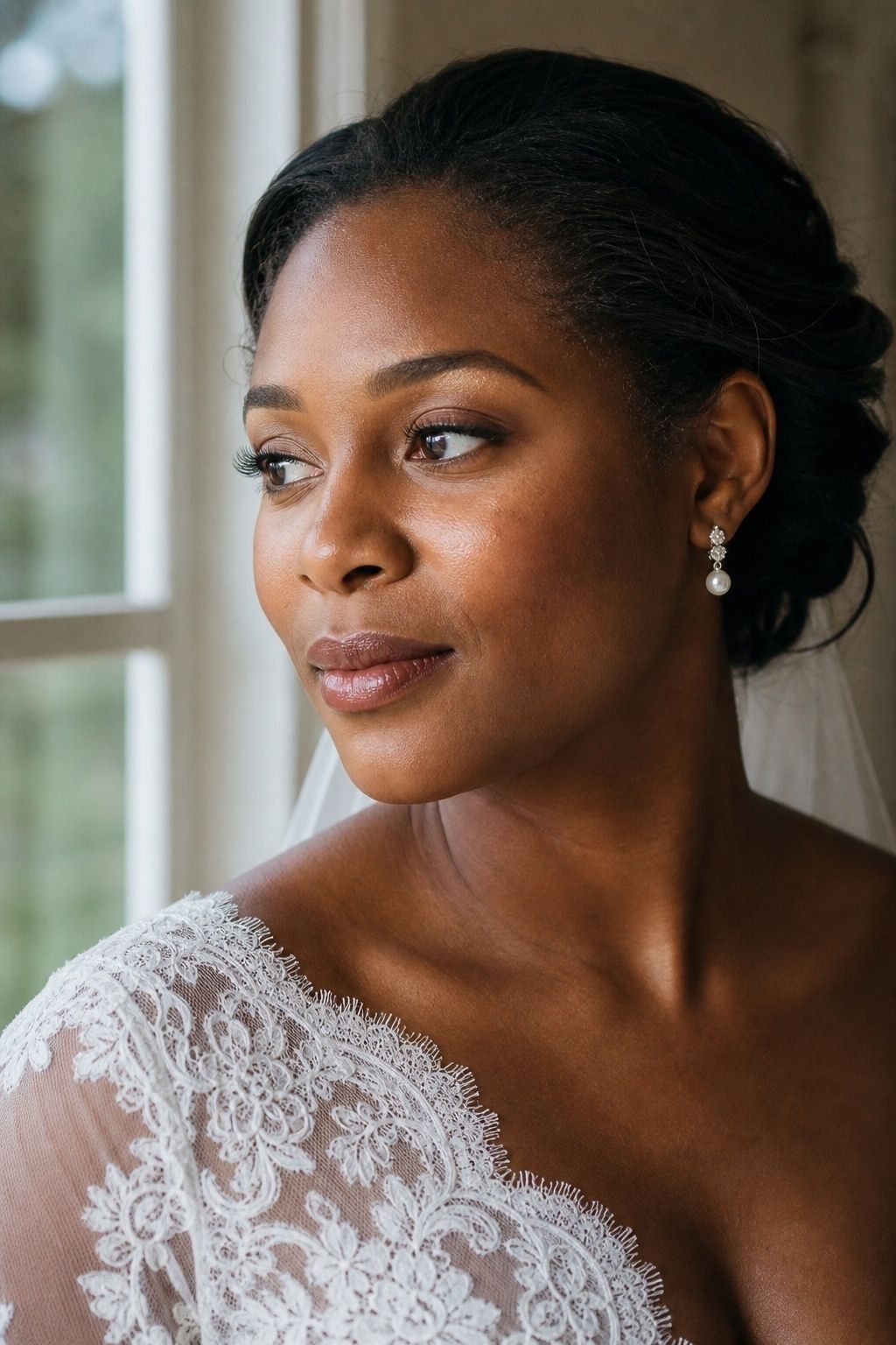 Satin foundation with visible skin texture on a bride with a lace neckline.