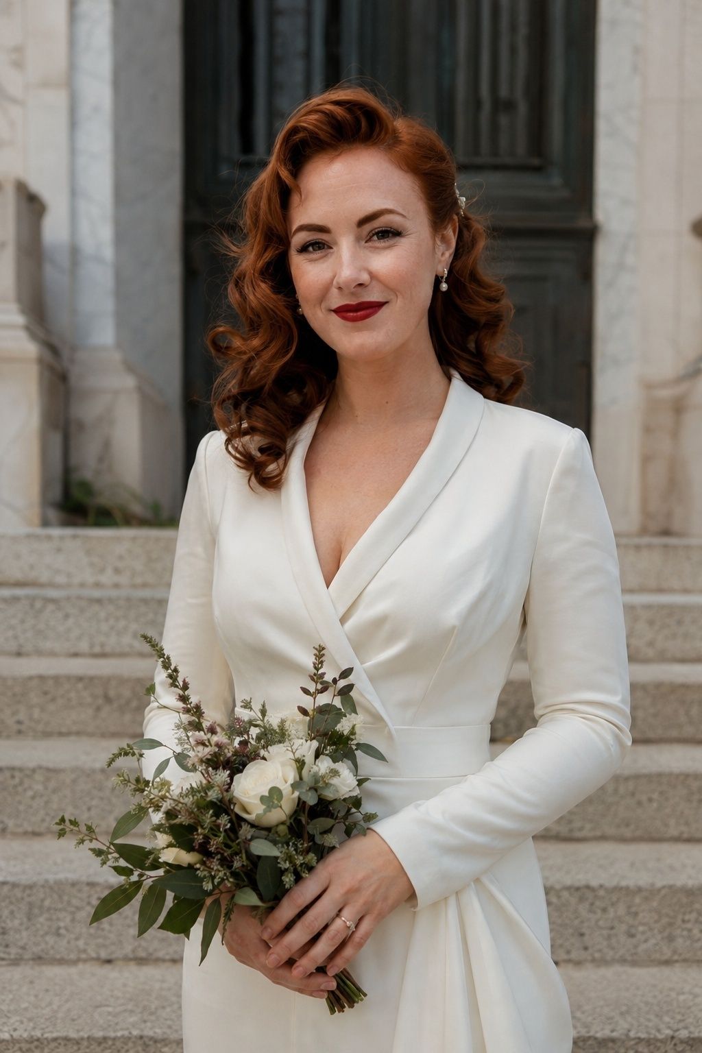 Red-lip bridal makeup and vintage waves on courthouse steps.