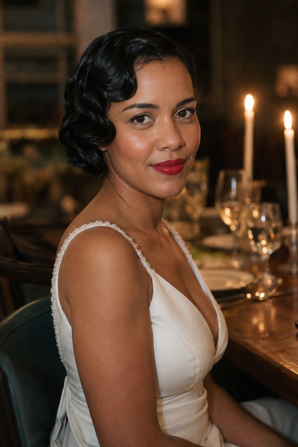Bride wearing red lipstick and satin makeup at a candlelit dinner.