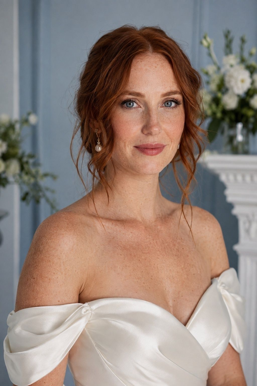 Soft bridal makeup blended into bare shoulders above an ivory satin gown.