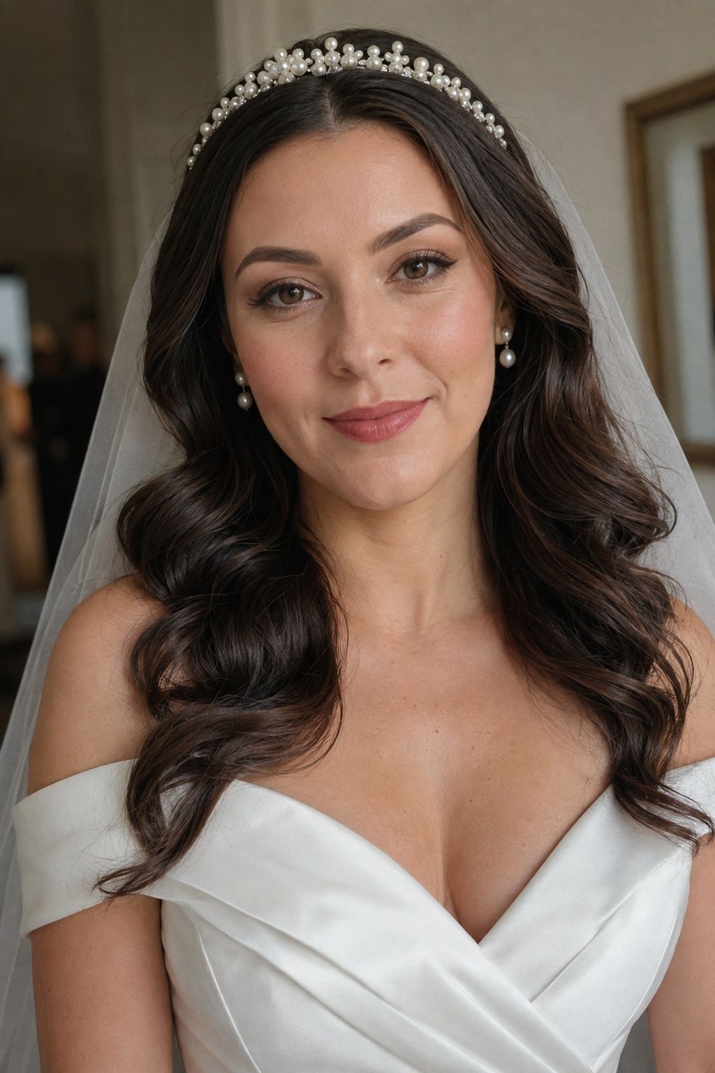 Soft liner and satin cheeks with a pearl tiara and sculpted waves.