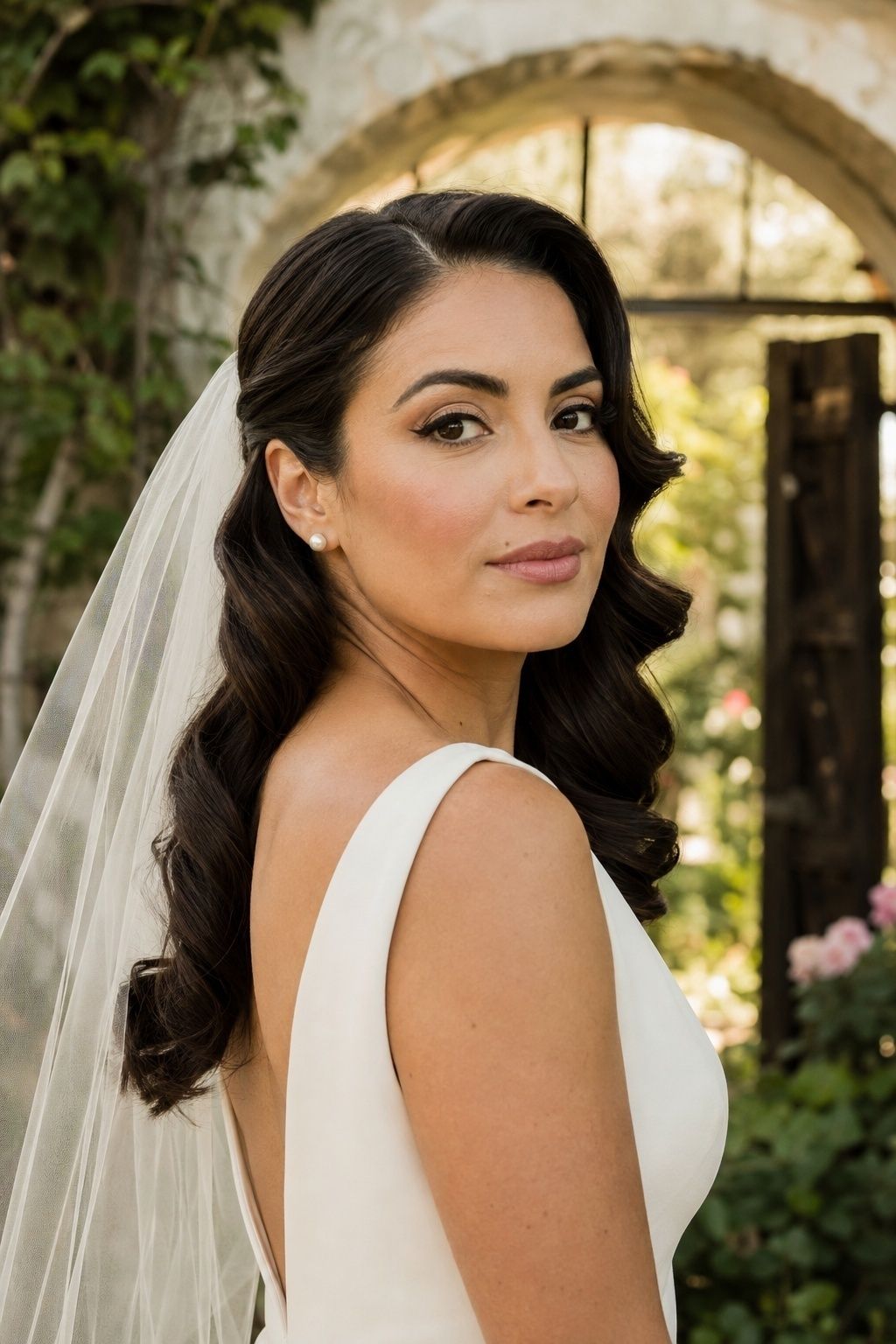 Bride with rose-nude lips, defined liner and polished Hollywood waves.