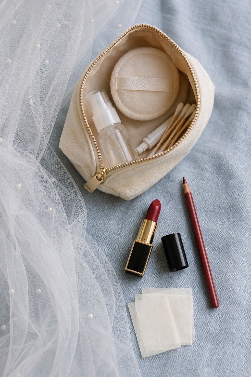 Bridal touch-up pouch with red lipstick, lip pencil, blotting papers and powder puff.