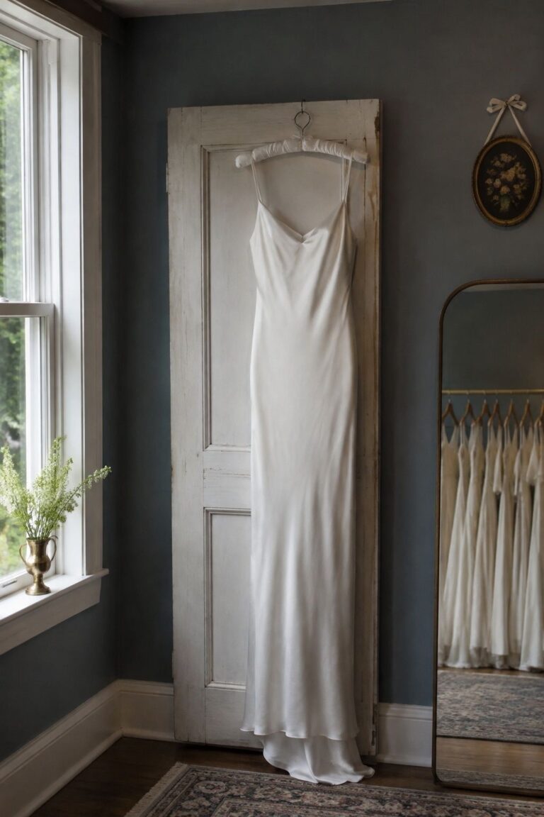 Ivory column bridal gown with slim straps hanging in a vintage boutique