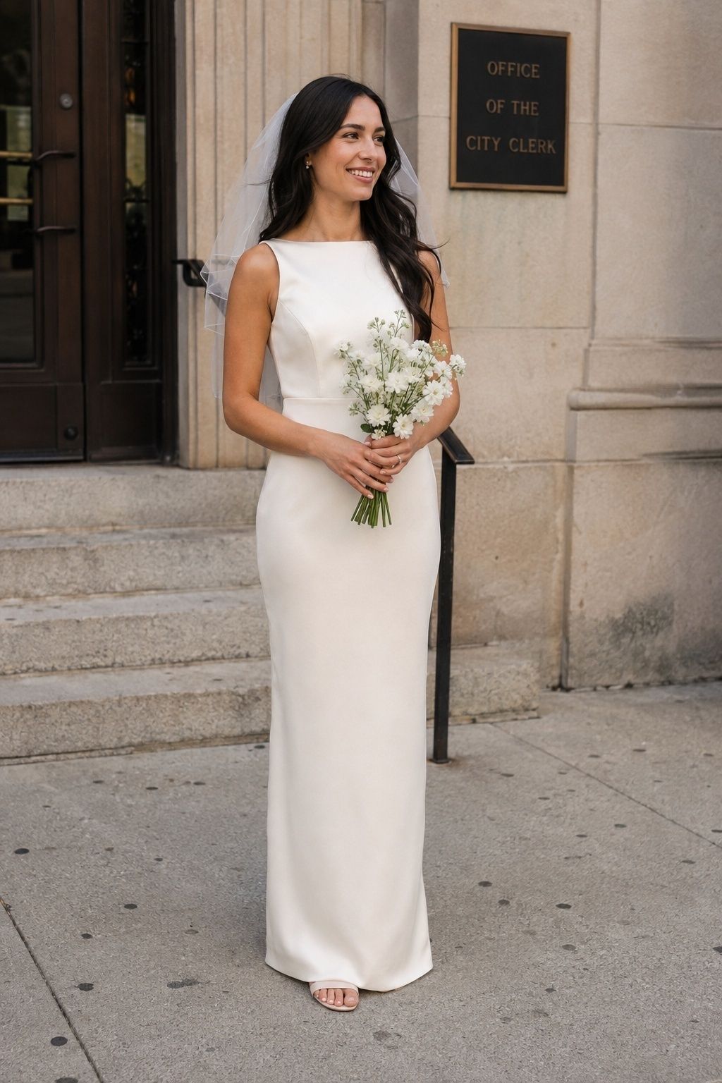 Bride in an ivory column gown with a short veil and small bouquet outside a courthouse