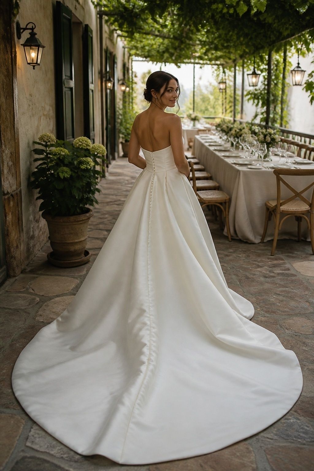 Bride with a sweeping train beside a small garden restaurant reception