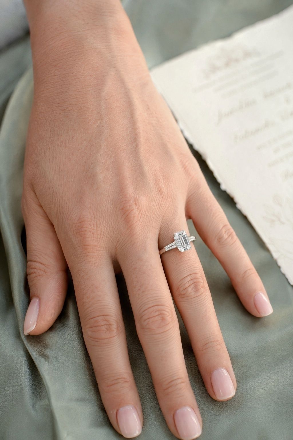 Emerald-cut diamond with stepped shoulders