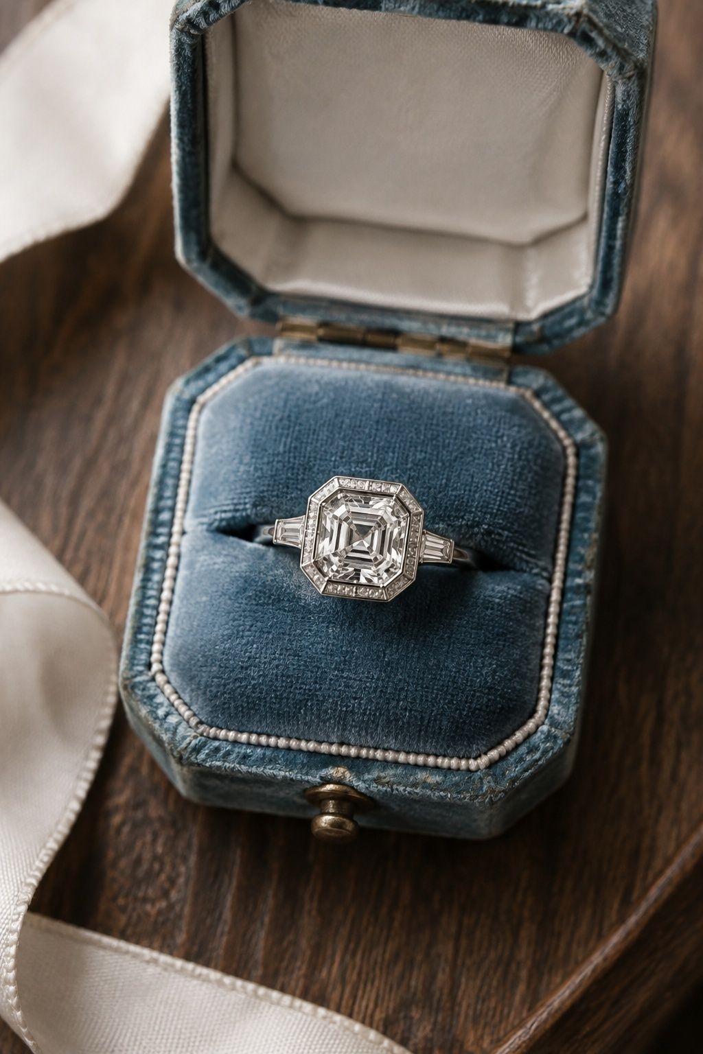 Asscher-cut ring with an octagonal frame