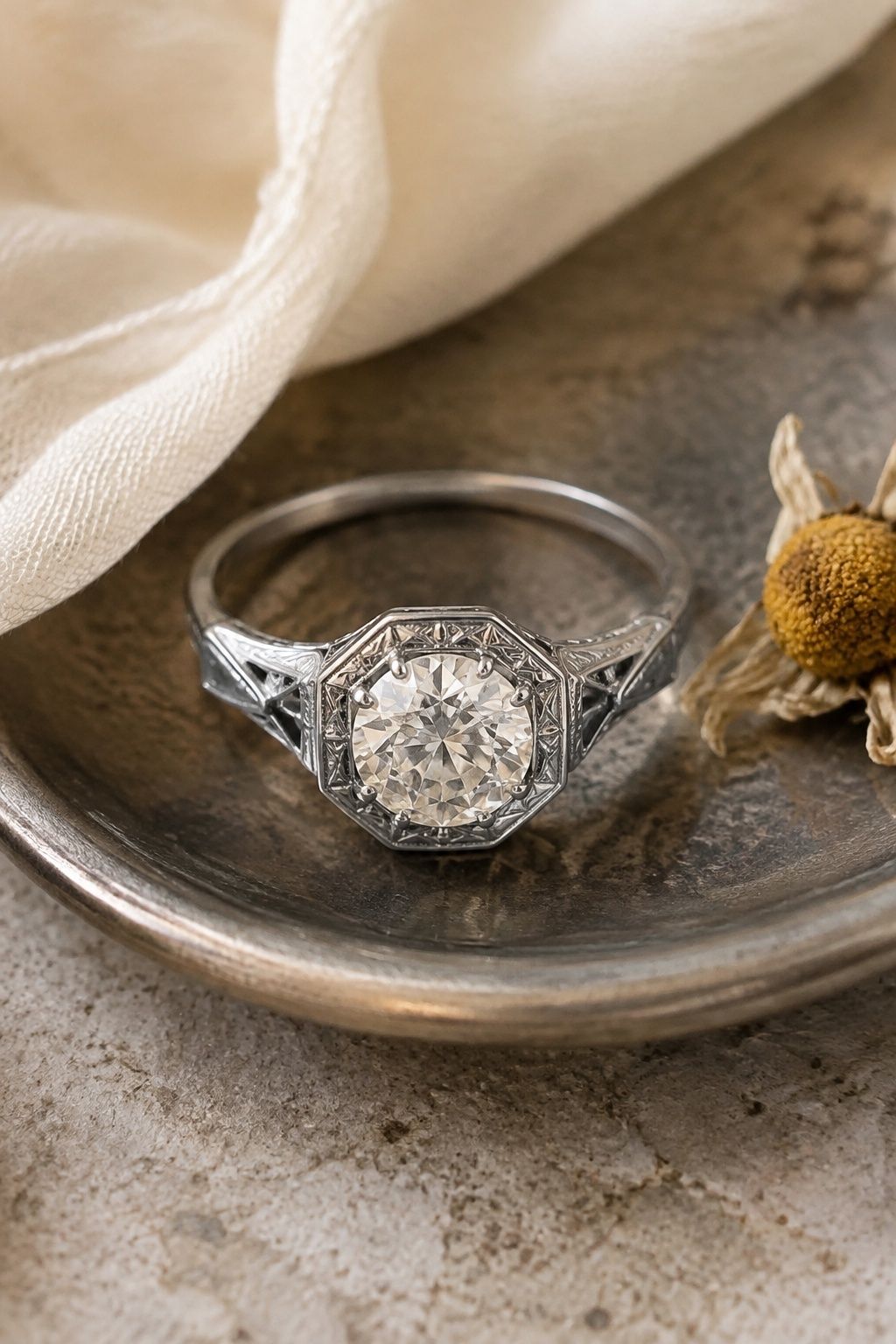 Old European cut diamond in a Deco setting