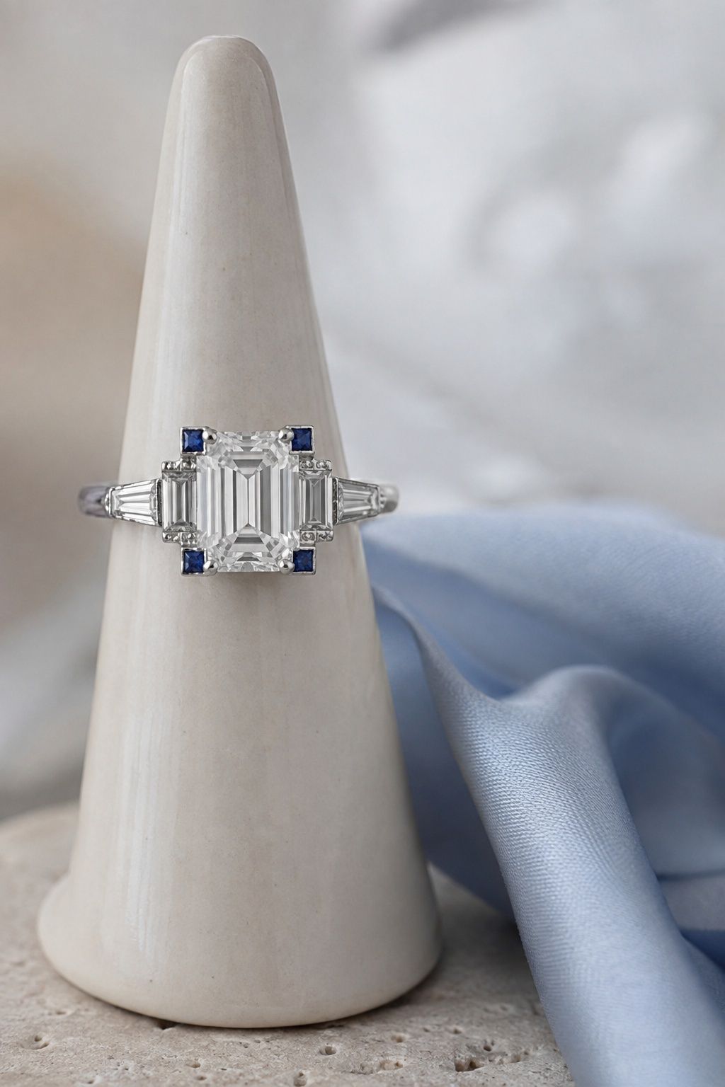 Deco ring with sapphire accent stones